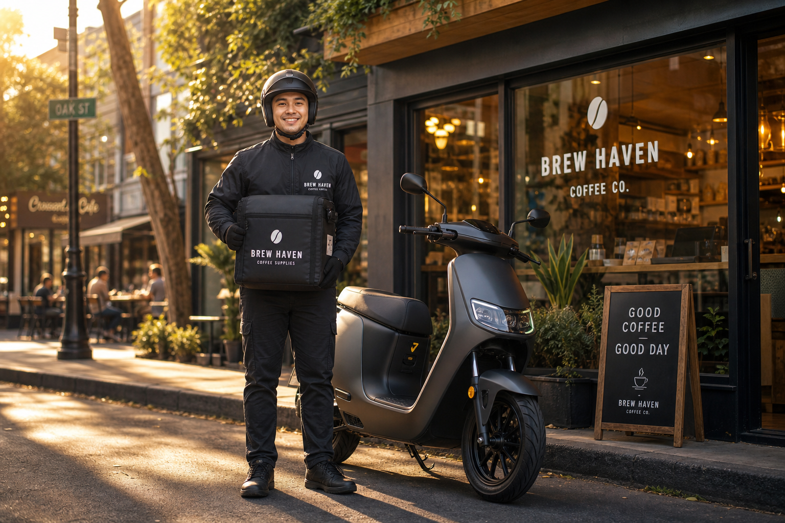 Doze delivery rider delivering café supplies