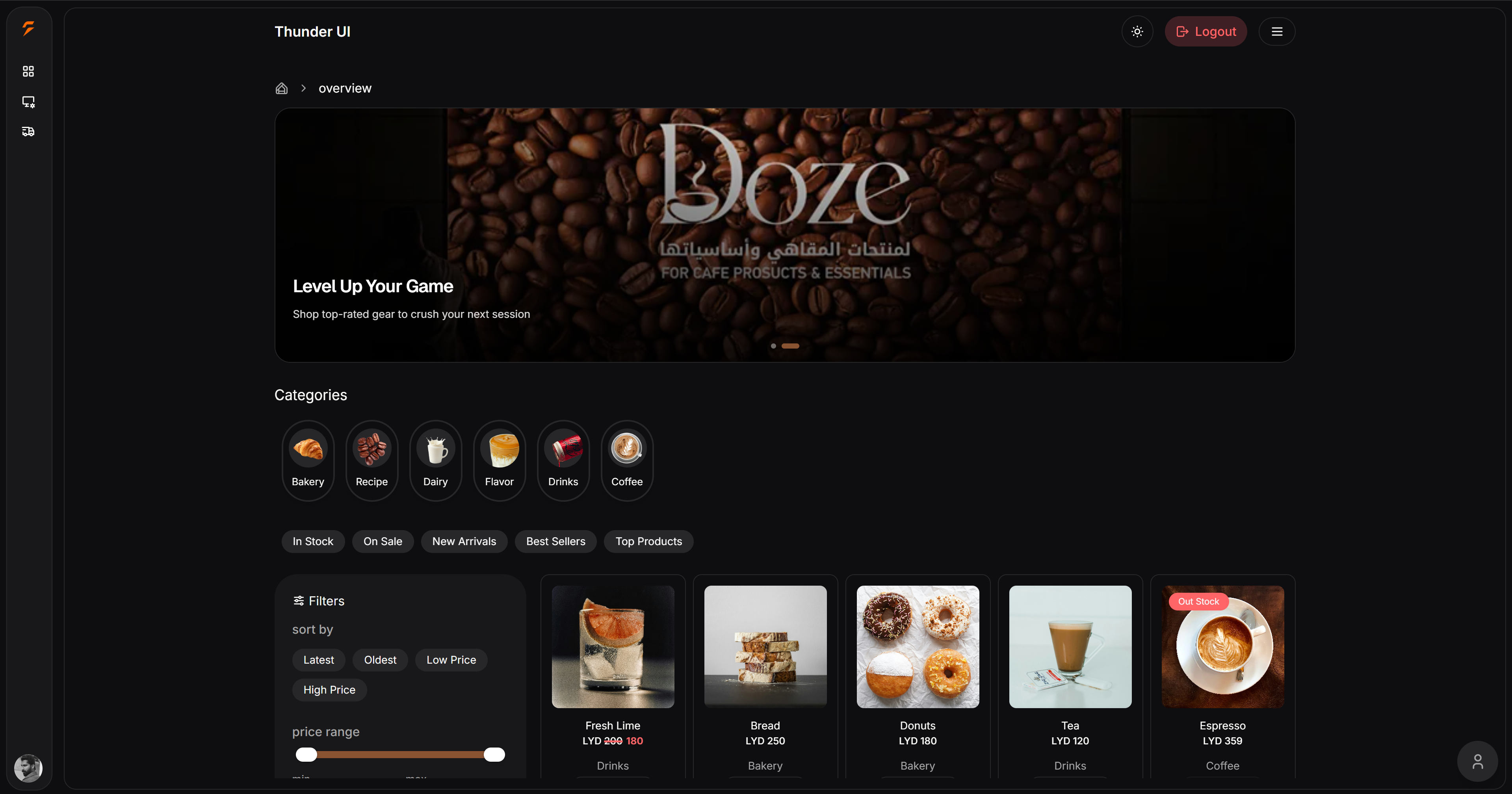Doze web app storefront with coffee ingredient catalogue